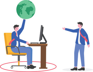 A businessman inside a circle holding a globe while others try to approach,

