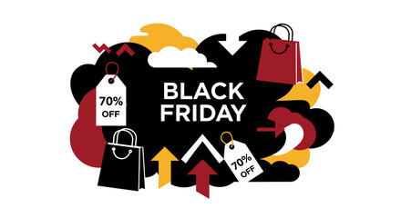 Black Friday sale banner illustration with shopping bags and 70 off discount tags