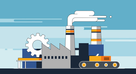 Naklejka premium Stylized illustration of an industrial factory complex with smokestacks production line and gear symbol
