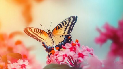 Beautiful butterfly resting on vibrant pink flowers in a sunny garden