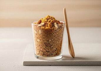 Glass cup of granola or crumbled dessert with wooden spoon on gray surface