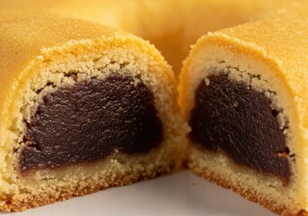 Closeup slice of sweet roll with dark filling, soft texture, and golden crust