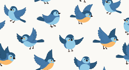 Cute pixel art blue birds flying in a seamless pattern.