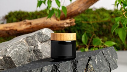 Black Balm Jar with Wooden Lid on Slate Rocks and Greenery