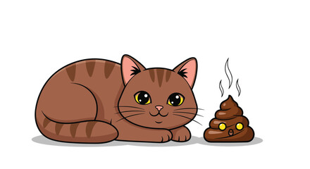 A cute tabby cat looks at a pile of poop emoji