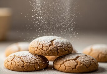 Freshly baked cookies being dustened with powdered sugar on rustic surface
