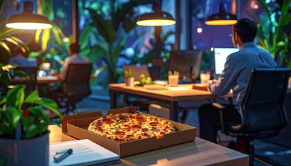 Pizza Delivery in a Modern Office at Night