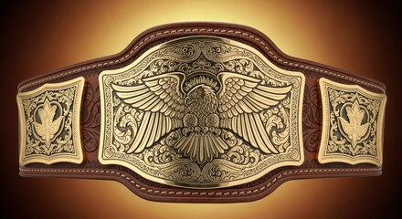 Intricate gold eagle design on a brown leather championship belt