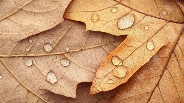 Water droplets on brown leaves during an autumn season