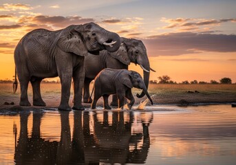 A family of African elephants, including a calf, drinking from a waterhole with their reflections visible at sunset.