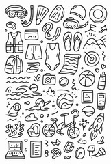 Hand-drawn Doodle Style Vector Set of Swimming Gear and Beach Accessories, Black Outline Sketch Illustrations, Ideal for Both Digital and Print Use
