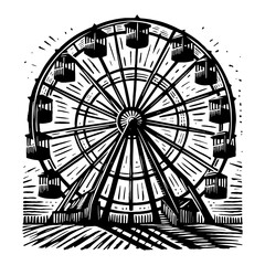 Ferris Wheel Amusement Park Ride Vintage Black and White Outline Line Art Drawing Funfair Carnival Attraction