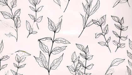 Naklejka premium Seamless Botanical Line Art Pattern: Thin Black Sprigs on White Background