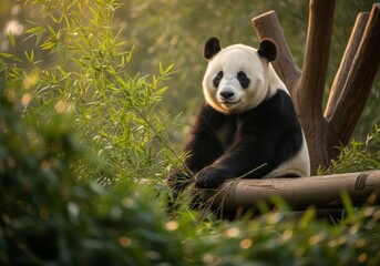 A giant panda bear sits peacefully on a wooden log in a lush green bamboo forest with warm sunlight.