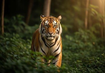 Obraz premium A majestic tiger with a powerful gaze walks forward through a lush green jungle environment.