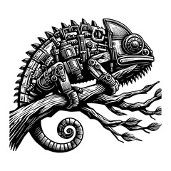 Intricate Steampunk Robotic Chameleon Creature Perched on Tree Branch Black and White Outline Line Art Drawing