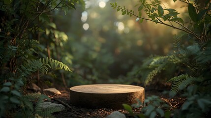 Forest background with circular block in the middle and leaves surrounding it for an aesthetic product photoshoot