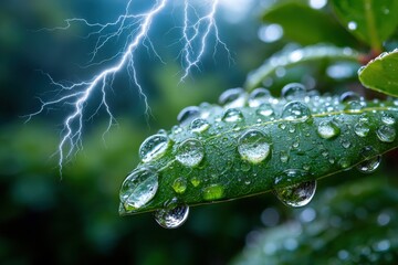 Green leaf with water drops and lightning in background
