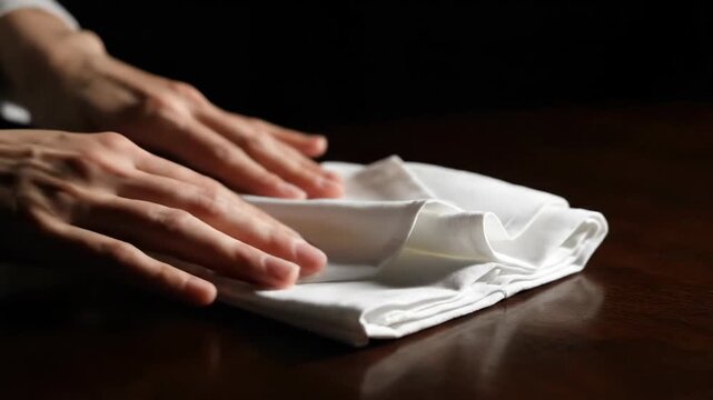 Folding a clean white napkin on dark wooden table surface