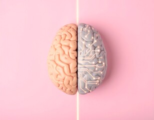 Artificial intelligence concept featuring a human brain blending with circuit board design on a pink background, symbolizing innovation and future tech