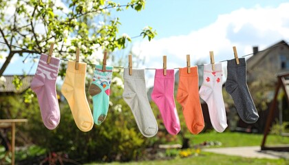Colorful Socks Drying on a Clothesline in a Sunny Garden