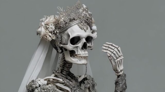 Skeleton dressed as bride poses elegantly in studio setting