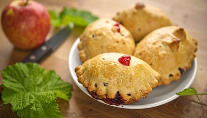 Fototapeta premium A plate of freshly baked golden hand pies with fruit filling, an apple, and green leaves on a wooden table.