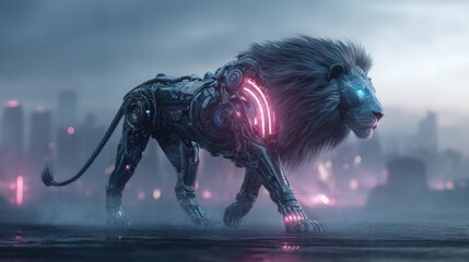Obraz premium Futuristic robotic lion with glowing mechanical mane urban landscape digital artwork dusk dynamic vision of technology