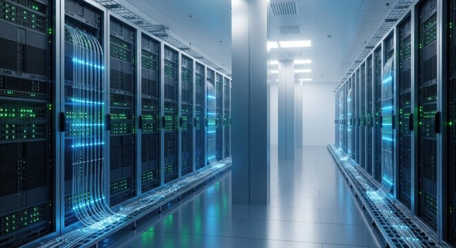 Futuristic empty data center network hall with glowing light and glass floor in a modern building - Powered by Adobe