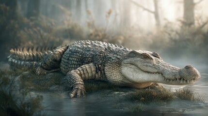 Obraz premium Crocodile basking on a serene riverbank nature photography lush environment close-up view wildlife concept