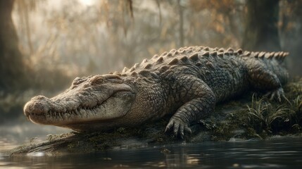 Fototapeta premium Crocodile basking on a serene riverbank nature scene photorealistic wildlife tranquil environment close-up view realism concept