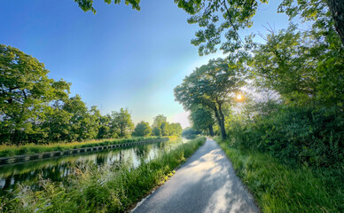 Obraz premium A tranquil pathway nestled beside a calm waterway under a clear blue sky, perfect for a peaceful stroll.