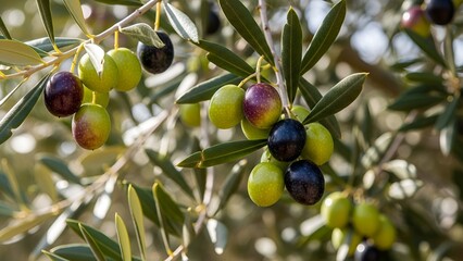 Olive Tree Branch with Green and Black Olives in Sunlight