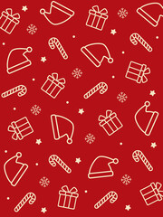 Playful outline Christmas pattern with Santa hats, candy canes, gift boxes, snowflakes, and stars on dark red background. Great for seasonal cards, fabric, or Christmas wrapping paper.