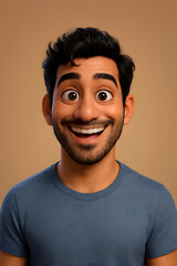 Stylized 3D Cartoon Man with Expressive Smile in Blue T-Shirt