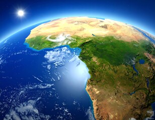 Fototapeta premium The Earth, showing Africa, with sunlight illuminating the planet