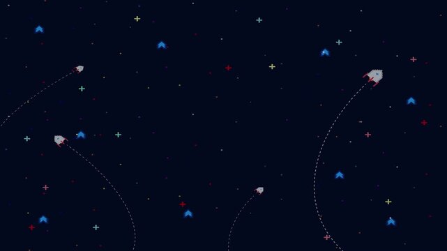 Press Start. pixel art. 8-bit game. Retro Futurism Sci-Fi Background. glowing neon grid. and stars from vintage arcade computer games