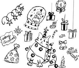 Hand-drawn Christmas stockings, gifts, cat, and snow globe in black and white sketch style with copy space