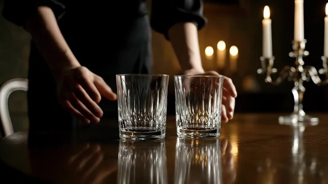 Preparing two crystal glasses on table with candle light backdrop