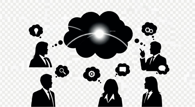 Diverse team collaborating on innovative ideas within a shared thought bubble.