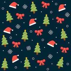 Seamless Christmas pattern with Santa hats, Christmas trees, red ribbons, and snowflakes on dark blue background. Perfect for cozy Christmas packaging, greeting cards, or festive digital designs.