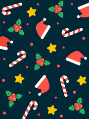 Colorful seamless Christmas pattern with candy canes, mistletoe, Santa hats, and stars on dark blue background. Ideal for party supplies, greeting cards, or festive wrapping paper designs.