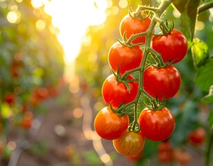 Close-up of a cluster of ripe, red tomatoes growing on the vine inside a greenhouse with golden sunset light