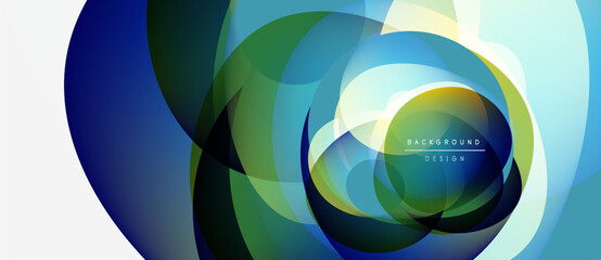 Abstract layered shapes create dynamic composition. Blue, green, yellow hues blend, forming modern design element. Minimalist aesthetic.