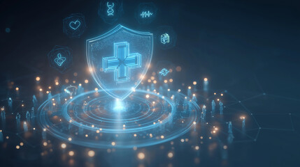 Cybersecurity Shield of Health: A glowing digital shield, emblazoned with a medical cross, symbolizes robust cybersecurity, safeguarding health data within a technological landscape.