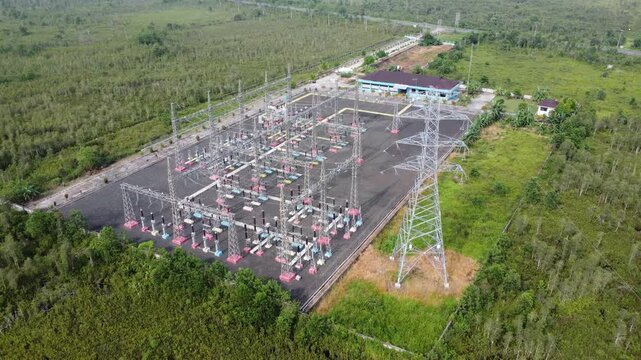 Aerial view of the existing electricity substation in Banjarmasin, electricity terminal and electricity conductor