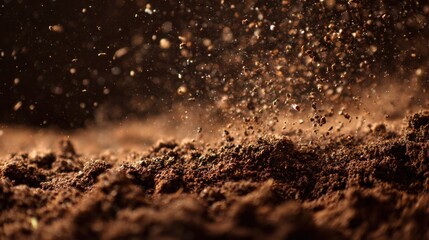 Fine dust is seen swirling through the air rising from dark moist soil in a tranquil garden setting. The sunlight creates a warm glow illuminating the particles.