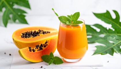 Glass of fresh papaya juice with mint leaves and straw, sliced papaya fruit on marble background, tropical healthy summer drink rich in vitamins.