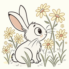 Cartoon illustration of a cute Easter bunny with flowers, eggs, and a floral pattern design on a spring holiday card