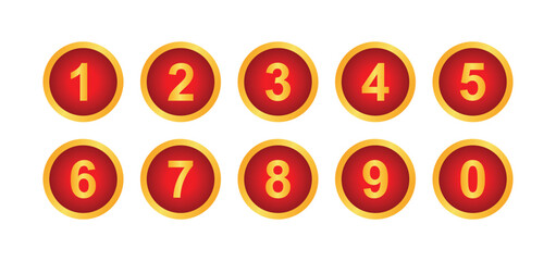 Red Gold Number Button Icons, Circular 0-9 Digit UI Elements for Mobile App, Website, Game and Dashboard